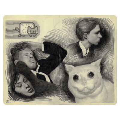 Graphite sketch of multiple different subjects  on cream colored paper. Subjects include: portraits of men and a woman, a white cat and Nyan Cat.