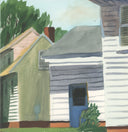 Watercolor painting of a house exterior with a white striped wall, blue door, green trees, and a pale sky.