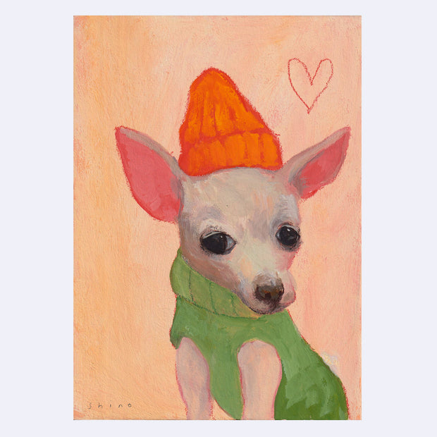 Painting of a small chihuahua with an orange beanie and a green sweater. Background is light orange with a single heart.
