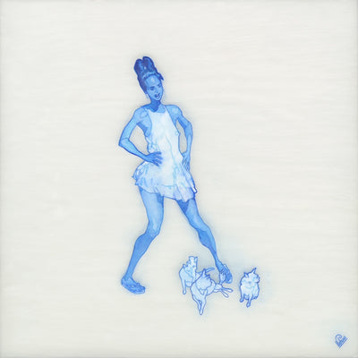 Illustration of an all blue woman, standing in a white dress with her arms on her hips. Around her feet are small cat like creatures, looking off to the side. Background is all white.