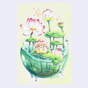 Colored pencil drawing of a floating bead of water with lotus flowers and pads growing out of it. A small, cute mushroom sits atop one of the lotus pads.