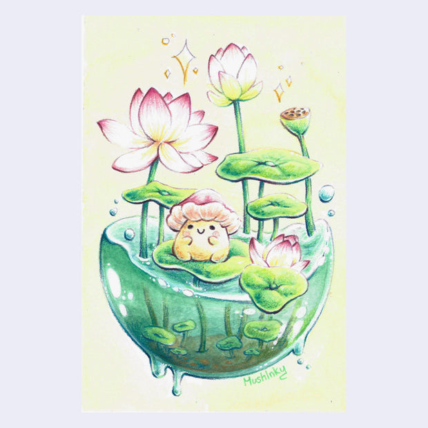 Colored pencil drawing of a floating bead of water with lotus flowers and pads growing out of it. A small, cute mushroom sits atop one of the lotus pads.