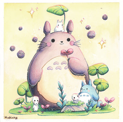 Pastel colored watercolor illustration of a purplish Totoro holding a sprout. At his feet are small greenery and forest spirits. Background is yellow with floating dust sprites.