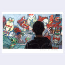 Painting based on a film still from Farewell My Concubine of a man, seen silhouetted from behind, looking out to a lot of decorative kites with Chinese design thematics. 