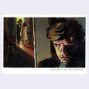 Painting based on a film still from Invasion of the Bodysnatchers of a man hiding behind a wall, listening in on a couple talking.