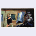 Painting based on a film still from Paris, Texas of a man on a phone call, with a woman looking towards him in the background.
