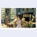 Painting based on a film still from Pride and Prejudice, a group of people sit in an ornately decorated living area all looking toward the camera with warm lighting pouring in from the windows behind.