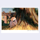 Painting based on a film still from Pride and Prejudice of a woman sitting at the base of a large tree during golden hour, she looks upset with her knees pulled into her chest and her arms wrapped around them.
