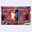 Painting based on a film still from Suspiria of a woman wearing a red robe, walking through a very ornate red, cream and blue hallway with shiny floors and geometric wall patterns.