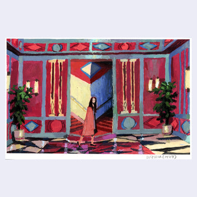 Painting based on a film still from Suspiria of a woman wearing a red robe, walking through a very ornate red, cream and blue hallway with shiny floors and geometric wall patterns.