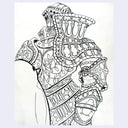 Ink drawing of an armored knight, standing in front of a penguin who looks back at the knight.