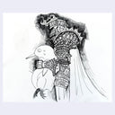 Ink illustration of a decorated armored knight, standing and grasping a penguin.