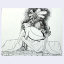 Black and white illustration of a decorated knight, sitting on a throne and holding a sword. Cradled in its lap is a penguin.