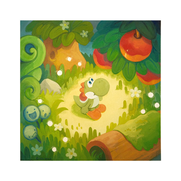 Colorful illustration of Yoshi standing in the middle of an open forest, smiling and looking up at an apple tree.