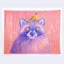 Colored pencil illustration of a purple raccoon with a banana peel on top of its head.