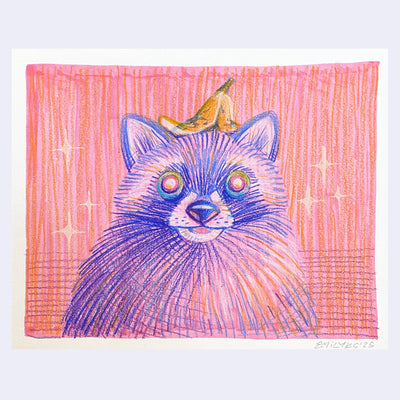 Colored pencil illustration of a purple raccoon with a banana peel on top of its head.