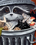Mixed media artwork of a raccoon in a trashcan, with trash scattered all around.