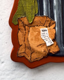 Mixed media artwork of a raccoon in a trashcan, with trash scattered all around.