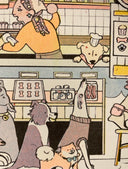 Illustration of a food cart with many workers, all serving dog customers who eagerly sit or wait at the foot of the cart. Close up.