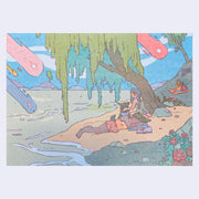 Colorful illustration of a fantasy scene with characters by a river and tree.