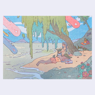 Colorful illustration of a fantasy scene with characters by a river and tree.
