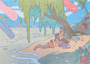 Colorful illustration of a person lying on a beach with a tree and ocean in the background