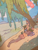 Illustration of a person sitting under a tree with a colorful background