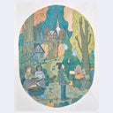 Illustration within an oval framing of 3 girls dressed for fall weather, sitting or standing in a forest with a campfire, pumpkins, and light spirits flying around.