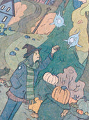 Illustration within an oval framing of 3 girls dressed for fall weather, sitting or standing in a forest with a campfire, pumpkins, and light spirits flying around. Close up to show detail.