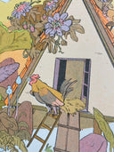 Illustration of a rooster on a ladder with flowers and a window in the background
