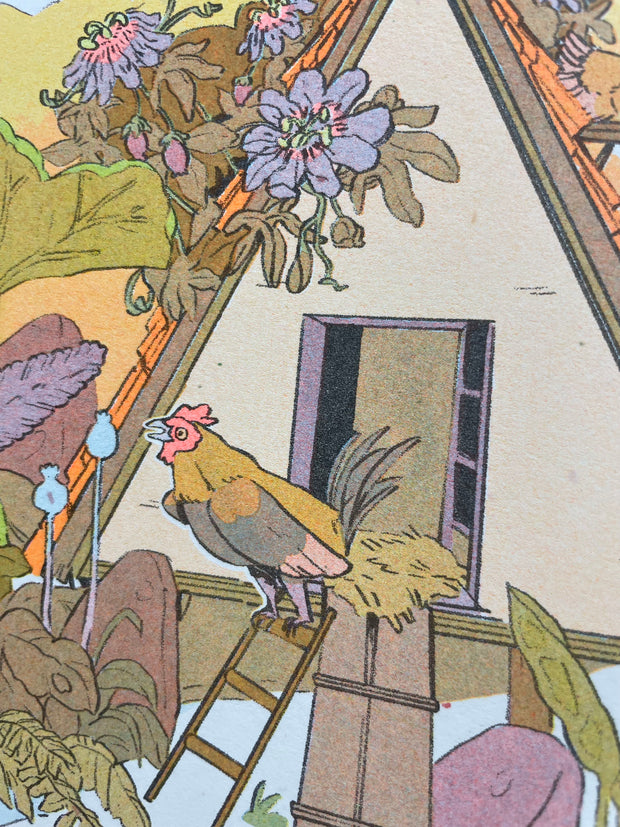 Illustration of a rooster on a ladder with flowers and a window in the background