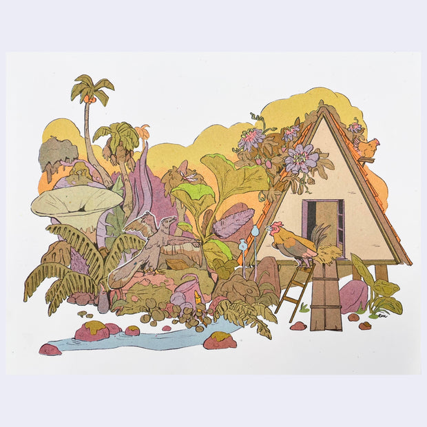 Colorful illustration of a tropical scene with a small house, plants, and animals on a white background.