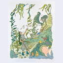 Risograph print of an underwater scene with lots of greens, a person sings to seals that swim by and hold fish in their mouth.