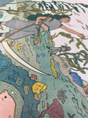 Close up detailing of a risograph print of an underwater scene with lots of greens, a person sings to seals that swim by and hold fish in their mouth.