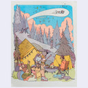 A whimsical illustrated camping scene with people, tents, trees, a campfire, and a bright blue sky with a flying space dog, like a shooting star. The artwork is shown centered on a light neutral background.