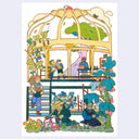 Colorful risograph print of an atrium, with the glass roof shaped like a pudding. People work in the greenhouse watering various plants.