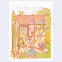 Risograph print of a couple - Kiki and Tombo from Kiki's Delivery Service - standing outside of a house. Kiki carries a pie and Tombo carries a basket of bread.