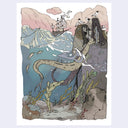 Digital illustration of 2 mermaids, gray and brown in color sitting on rocks, with a cross section of the ocean showing the sea floor and the sea's surface with a ship sailing atop of it.