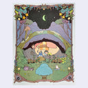 Illustration of a forest scene at night, with a sleeping Totoro and 2 small girls sleeping atop or along side him.