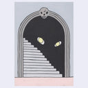 Painting of a stairwell with a large pair of eyes visible within the shadows.