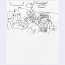 A black and white line drawing showing a person driving a vehicle, with the driver seated inside the cabin and the dashboard, steering wheel, seats, and windshield visible.