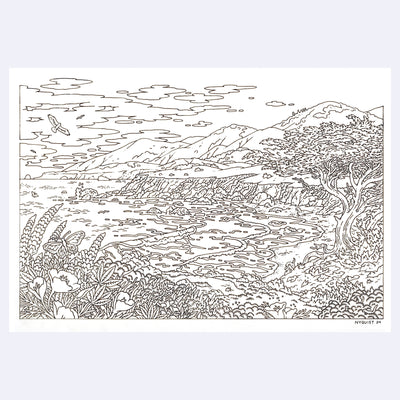 Line art illustration of a landscape setting.
