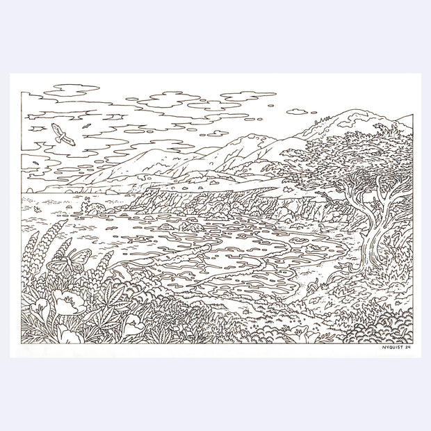 Line art illustration of a landscape setting.