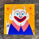 Retro art style painting of a devil with clown face paint.