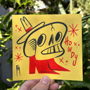 Retro art style painting of a skull propped up on red cowboy boots and wearing a cowboy hat.