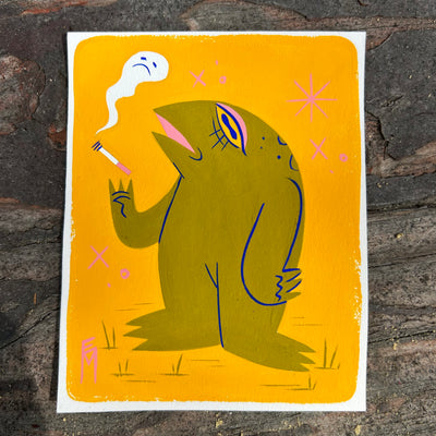 Painting of a green frog smoking a cigarette and looking sickly. A sad ghost cloud comes out from the cigarette.