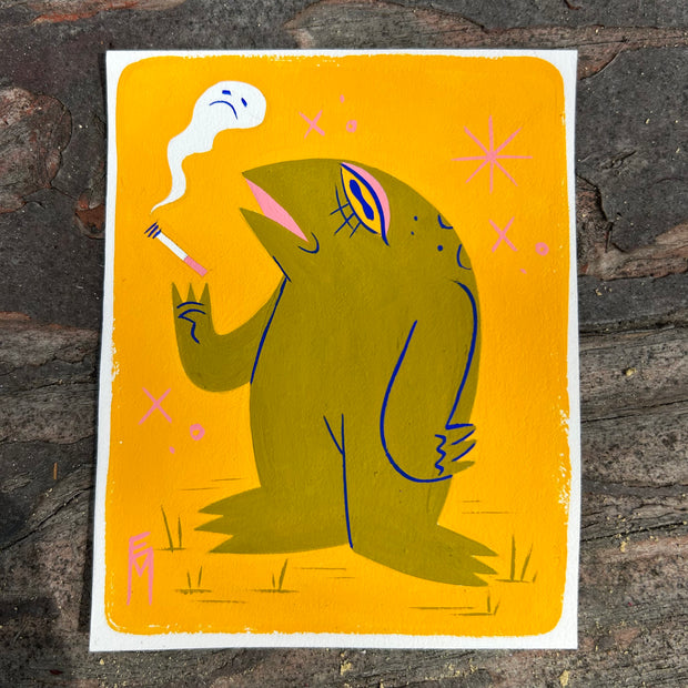 Painting of a green frog smoking a cigarette and looking sickly. A sad ghost cloud comes out from the cigarette.