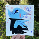 Retro art style painting of a blue Nosferatu with his hand out and a speech bubble that says "tell me I'm cute"