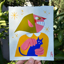 Retro art style painting of a pink elf with a green cap, holding a small blue cat.