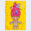 Illustration of a stylized troll doll with tall pink hair. The doll has blue ink tattoos all over its body and beer cans and lit cigarettes placed into its hair. Background is yellow with ants crawling.